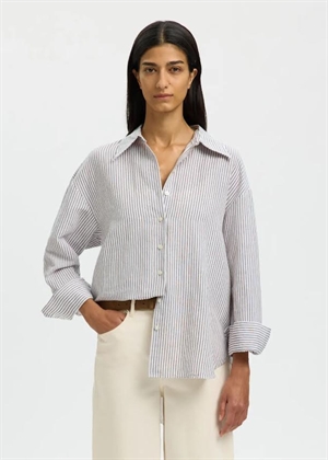 Cleo oversize linen blend skjorte Bright White/Chocolate Chip Selected Femme